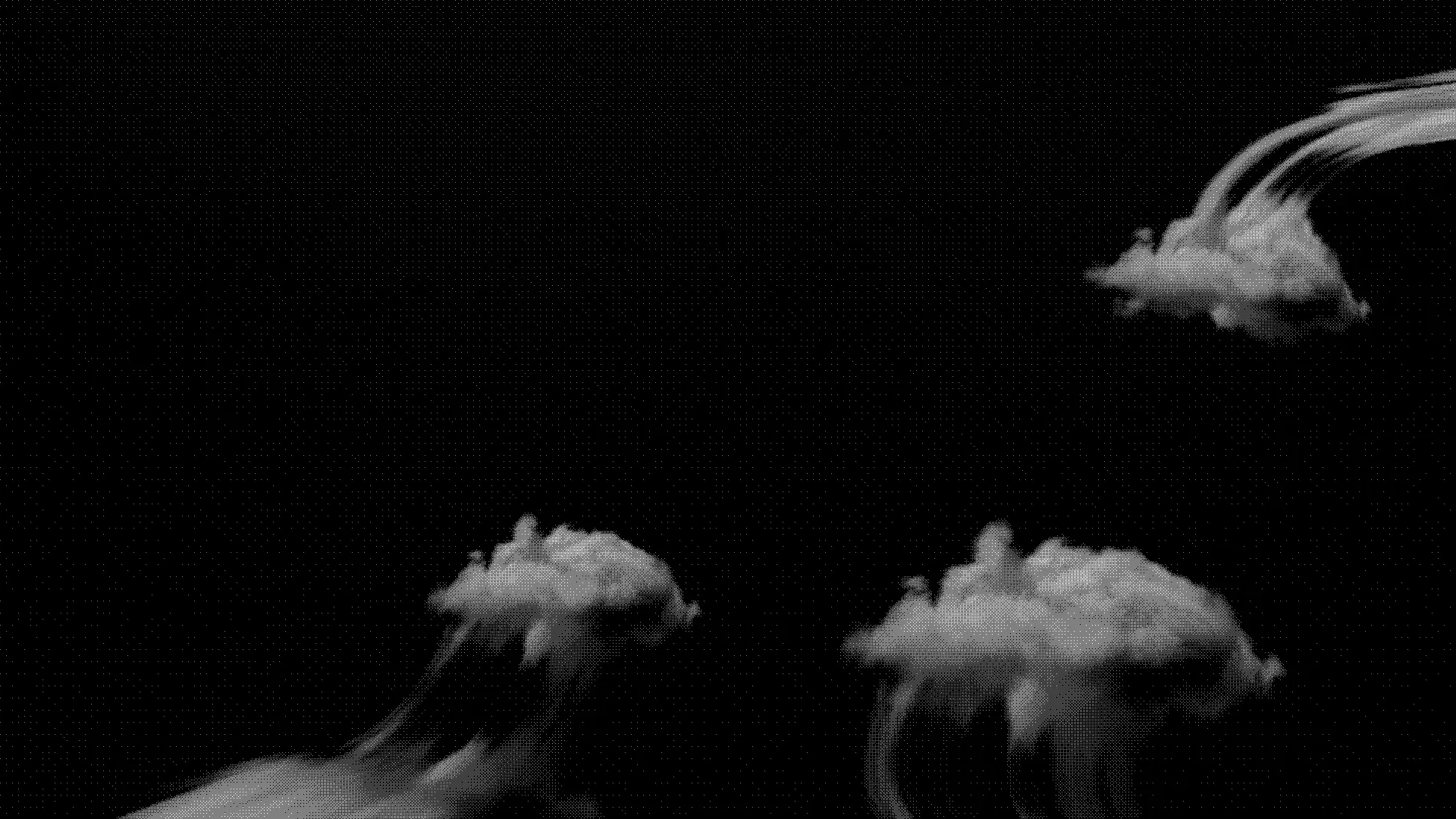 Stylized white 3D clouds trailing smoke across a black background
