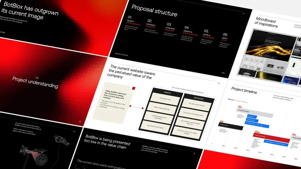 Proposal deck for BotBlox with project understanding, moodboard and timeline slides