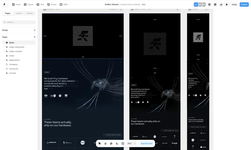 BotBlox website in the Framer editor at desktop, tablet and mobile sizes