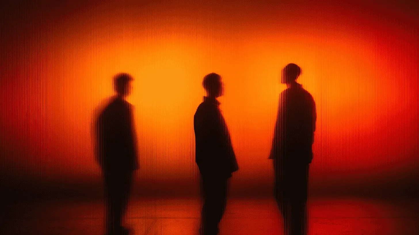 Silhouettes of three people standing against a glowing orange wall