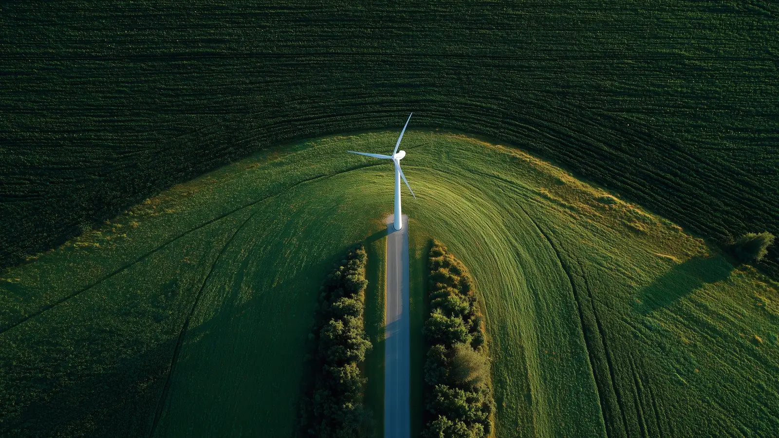 Climate Tech: a wind turbine alone in a sunlit field, seen from above