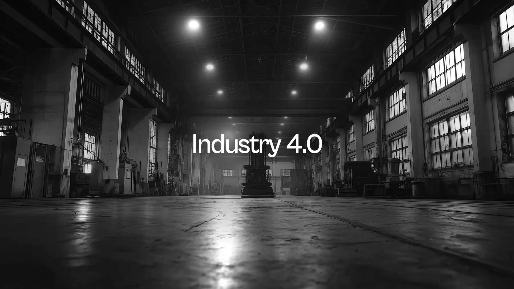 Industry 4.0: the floor of a production hall, machines lined up under the lights