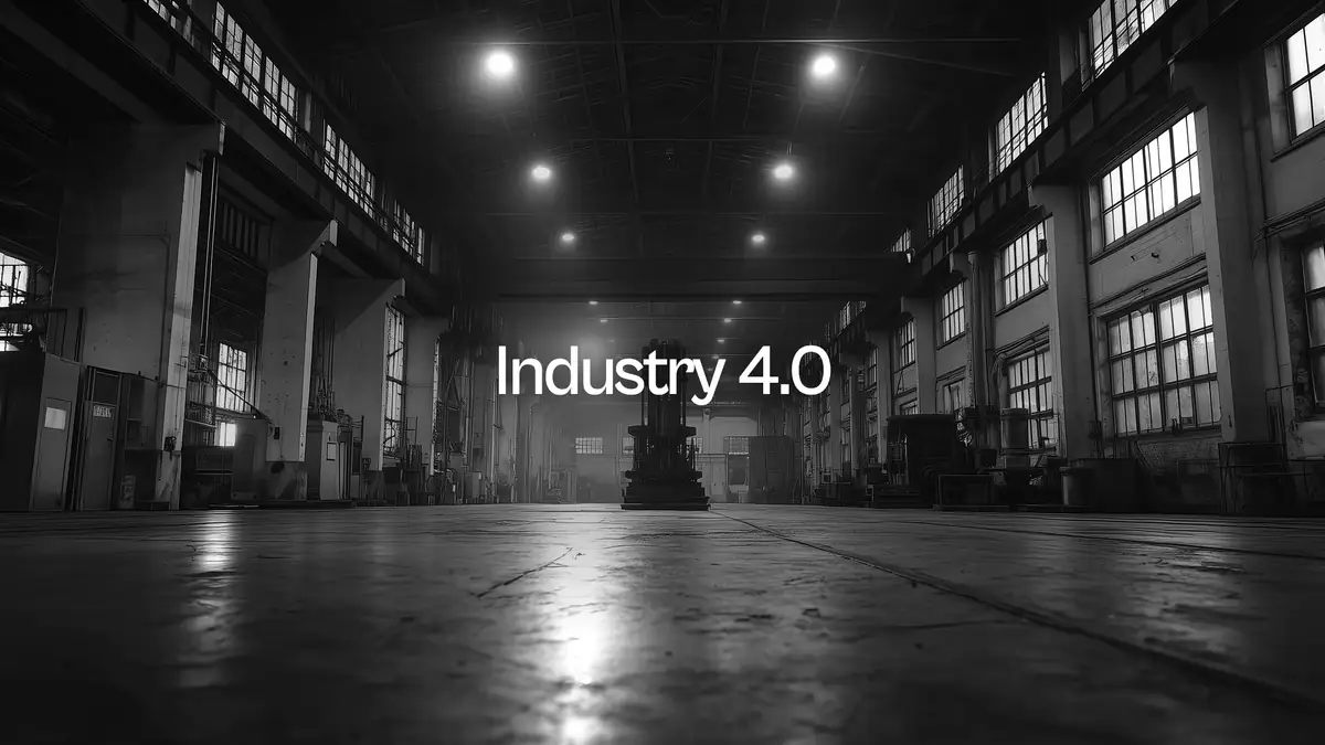 Industry 4.0: the floor of a production hall, machines lined up under the lights