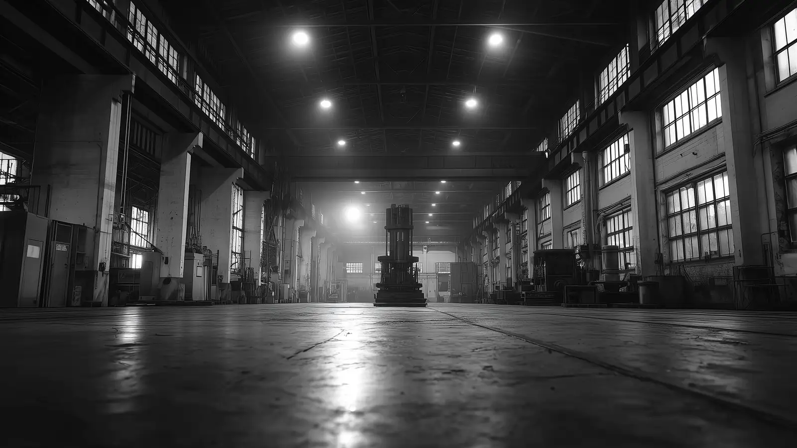 Industry 4.0: the floor of a production hall, machines lined up under the lights