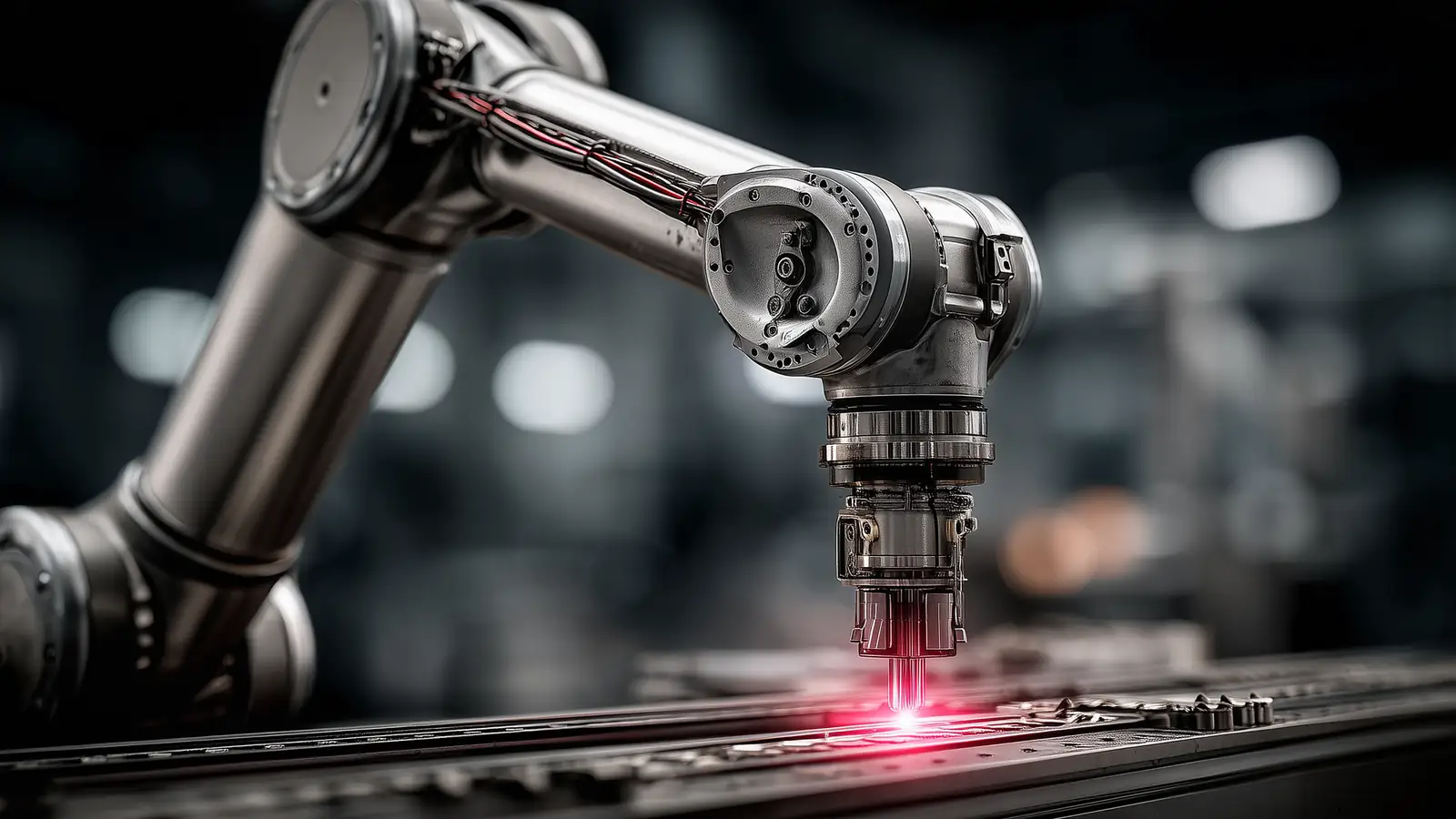 Robotics & Hardware: an industrial robot arm cutting along an assembly line