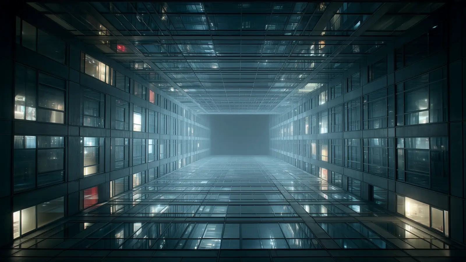 SaaS B2B: a glass atrium seen straight up, floor after floor of lit offices