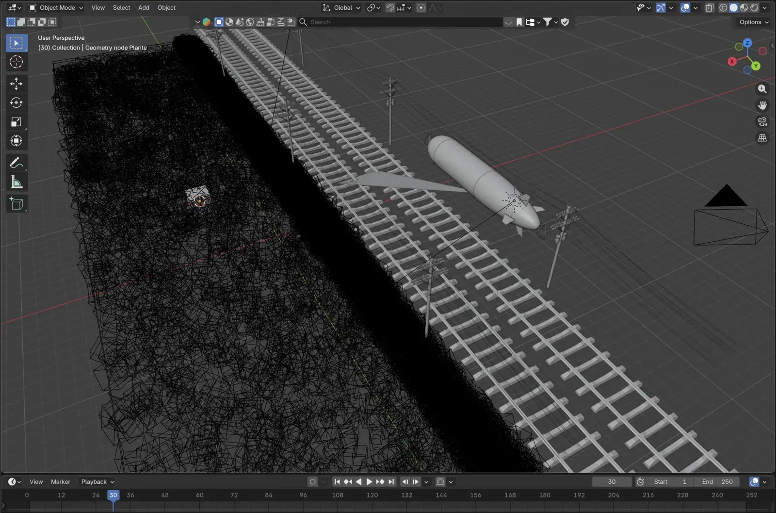 Blender viewport with a 3D airship model flying above a railway track