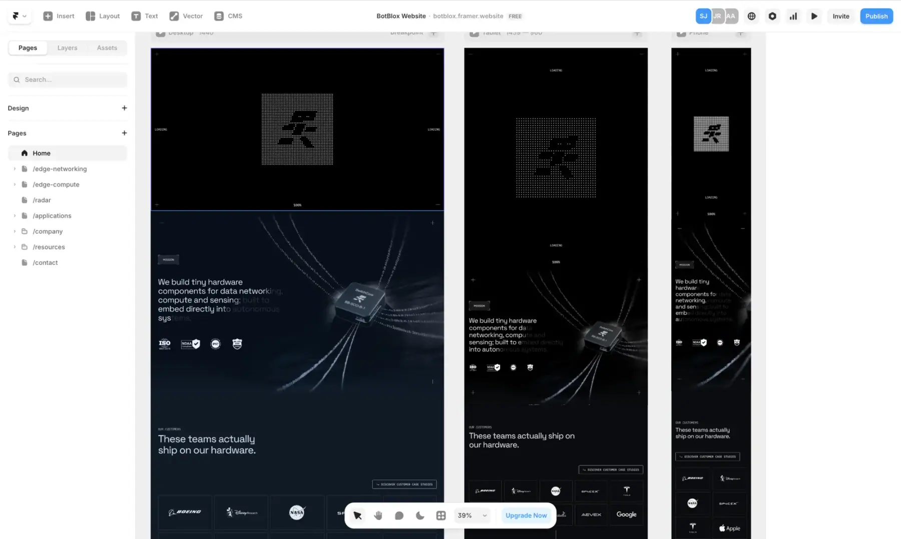 BotBlox website being built in Framer at desktop, tablet and mobile sizes